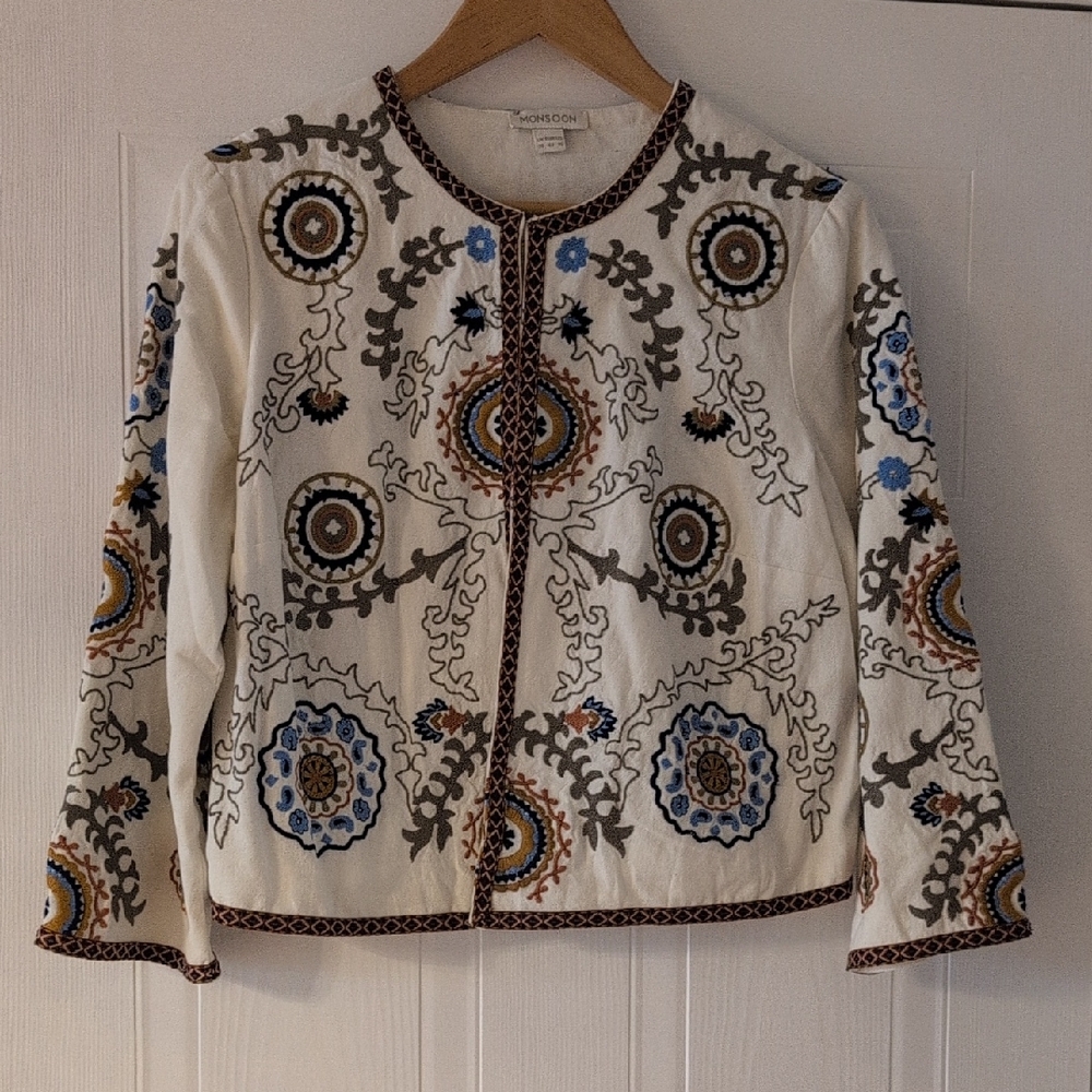 Monsoon White and Blue Blazer with Folk-Inspired Design